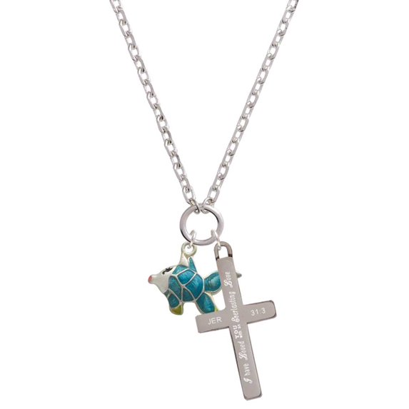 Delight Jewelry Silvertone Blue Tropical Fish with Yellow Fins Everlasting Love Engraved Cross Zoey Necklace, 28"