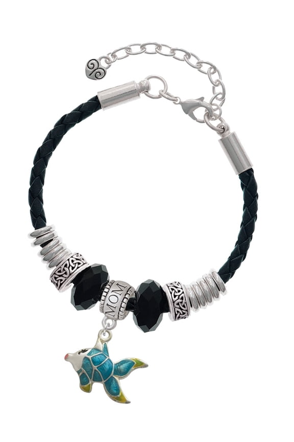 Silvertone Blue Tropical Fish with Yellow Fins Mom Celtic Knot Leather Bead Bracelet, 7"+2" Extender