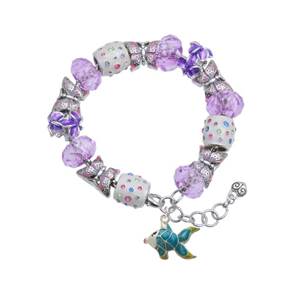 Delight Jewelry Silvertone Blue Tropical Fish with Yellow Fins Purple Butterfly Bead Charm Bracelet, 7"+1" Extender