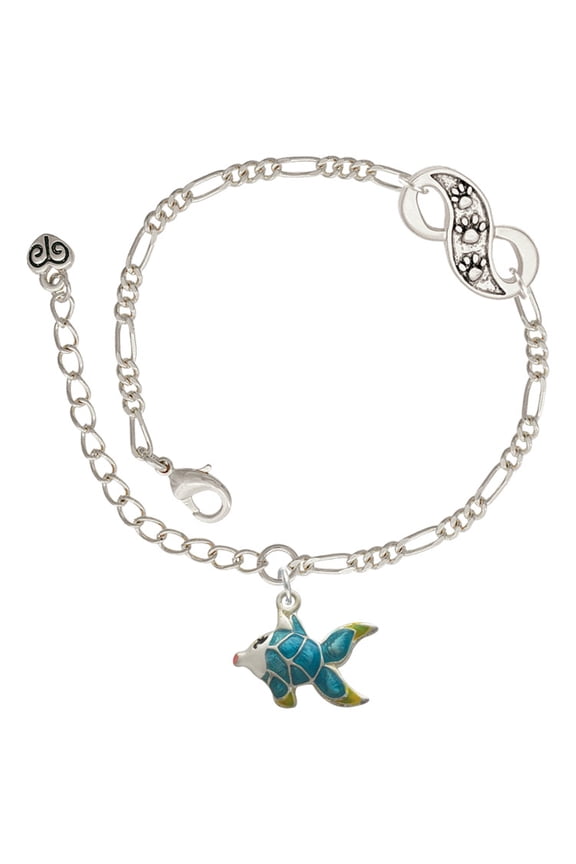 Silvertone Blue Tropical Fish with Yellow Fins Silver-tone Paw Infinity Link Chain Bracelet, 6"+2" Extender