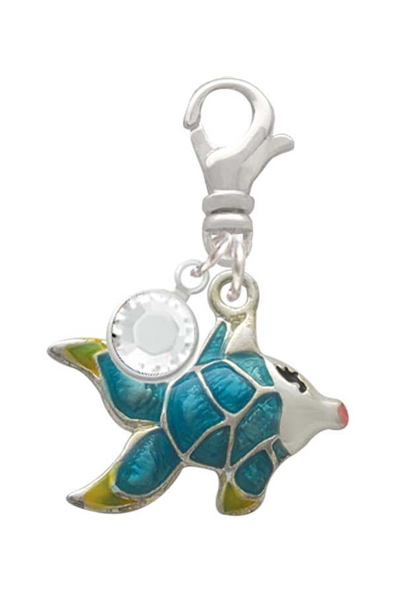 Silvertone Blue Tropical Fish with Yellow Fins - Silvertone Clip on Charm with Clear Crystal Drop