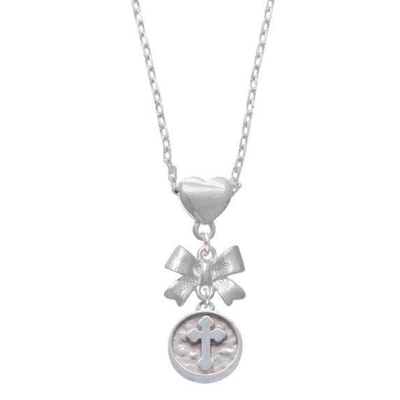 Delight Jewelry Silvertone Botonee Cross - Round Seal Silver tone Bow Heart Necklace