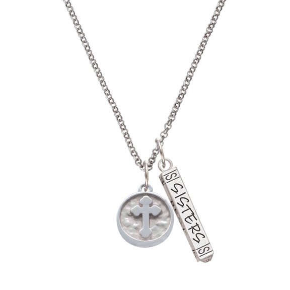 Delight Jewelry Silvertone Botonee Cross - Round Seal Silvertone Sisters Best Friends Forever Bar Charm Necklace, 23"