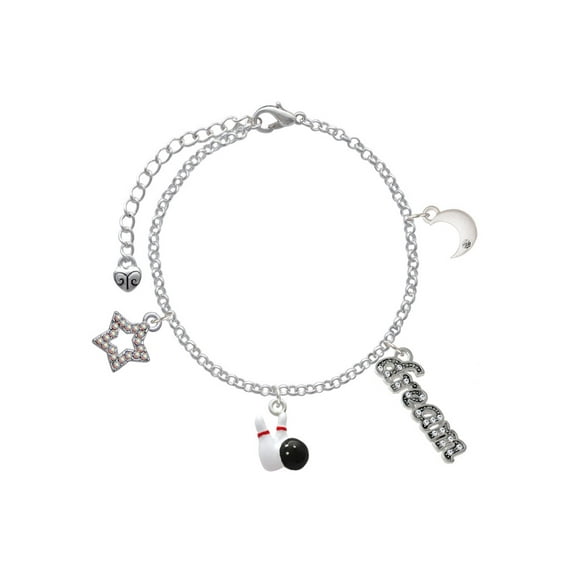 Delight Jewelry Silvertone Bowling Pins with Bowling Ball Silvertone Dream Big Charm Bracelet, 7.5+2" Extender