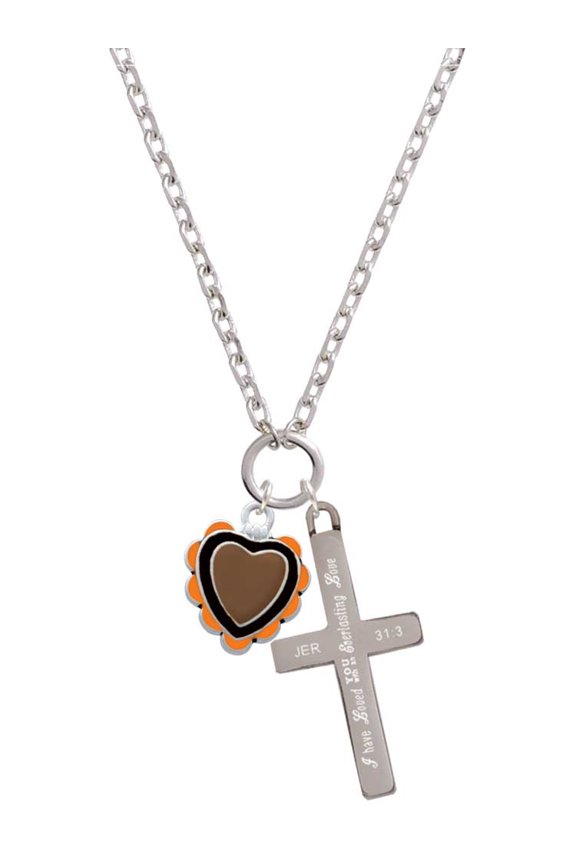 Silvertone Brown & Black Heart with Orange Ruffles Everlasting Love Engraved Cross Zoey Necklace, 28"