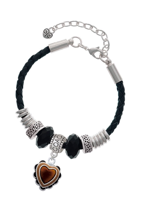 Silvertone Brown Ruffle Heart Coach Celtic Knot Leather Bead Bracelet, 7"+2" Extender