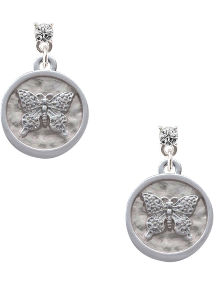 Delight Jewelry Silvertone Butterfly - Round Seal Clear Crystal Post Earrings