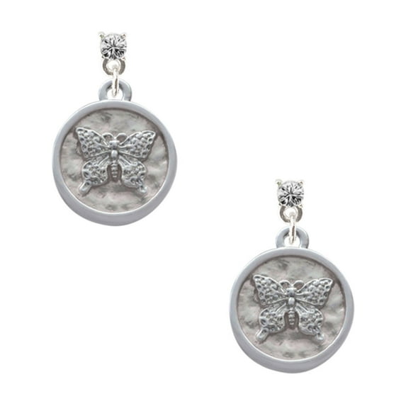 Delight Jewelry Silvertone Butterfly - Round Seal Clear Crystal Post Earrings