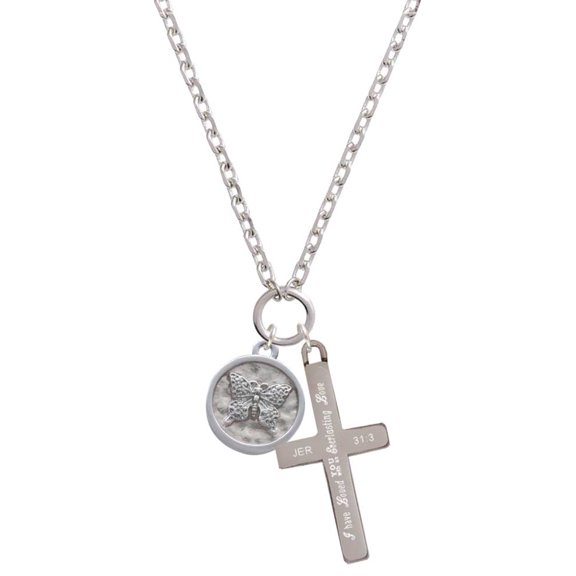 Delight Jewelry Silvertone Butterfly - Round Seal Everlasting Love Engraved Cross Zoey Necklace, 28"