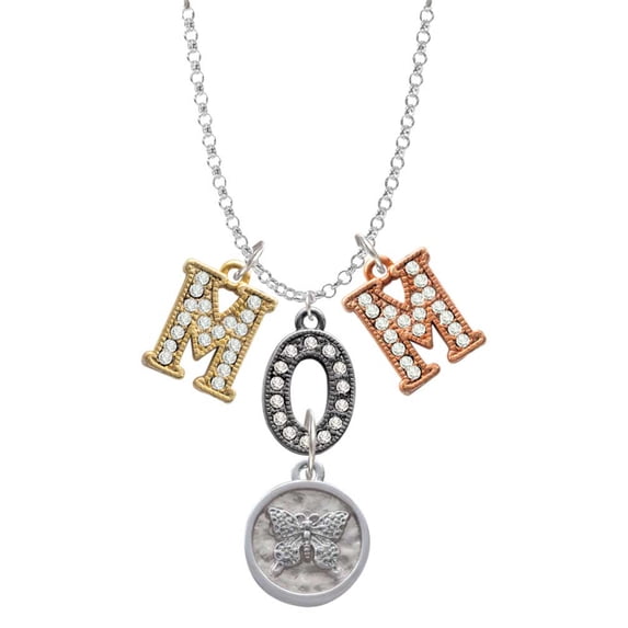 Delight Jewelry Silvertone Butterfly - Round Seal Multi-Colored Crystal Mom Charm Necklace