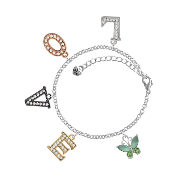 Delight Jewelry Silvertone Butterfly with Green Wings Multi-Colored Crystal Love Charm Bracelet