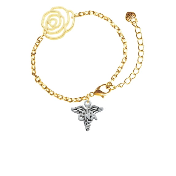 Delight Jewelry Silvertone Caduceus - CNA Gold-tone Flower Link Chain Bracelet, 6.75"+2" Extender