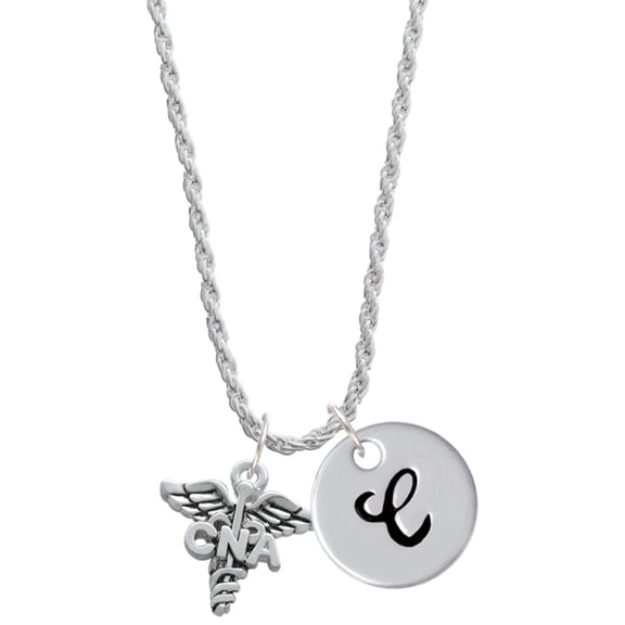 Delight Jewelry Silvertone Caduceus - CNA Silvertone Script Initial Disc - C - Charm Necklace, 20"+3"