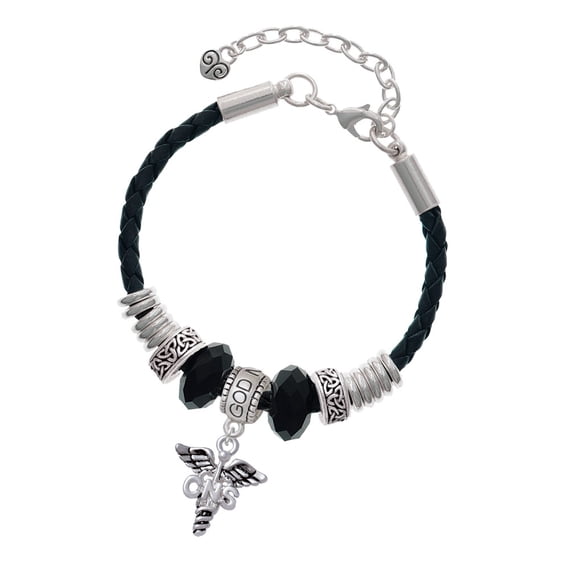 Delight Jewelry Silvertone Caduceus - CNS Godmother Celtic Knot Leather Bead Bracelet, 7"+2" Extender