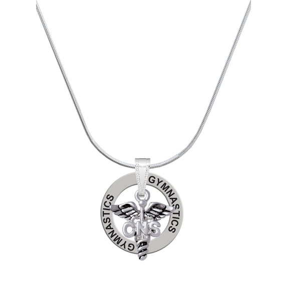 Delight Jewelry Silvertone Caduceus - CNS Gymnastics Ring Charm Necklace, 18"