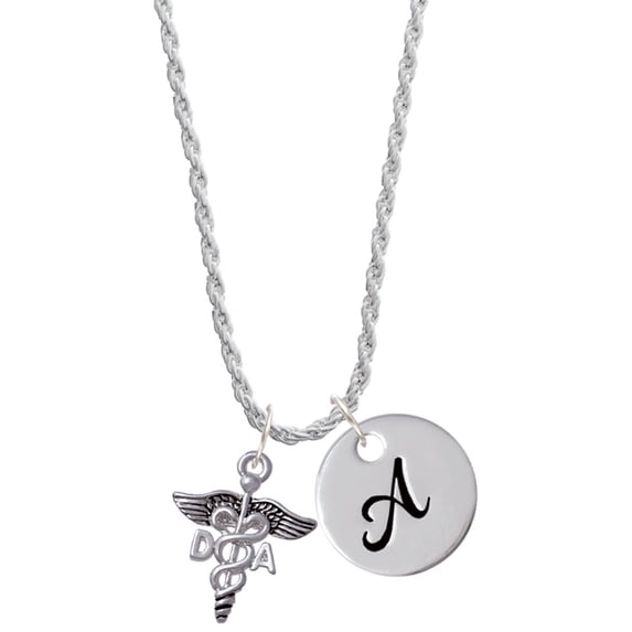 Delight Jewelry Silvertone Caduceus - DA Silvertone Script Initial Disc - A - Charm Necklace, 20"+3"