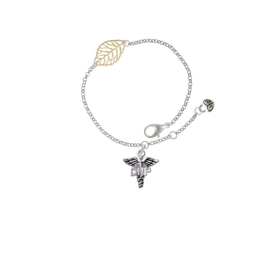 Delight Jewelry Silvertone Caduceus - DNP - Goldtone Leaf Delicate Bracelet, 6.25+1.75"