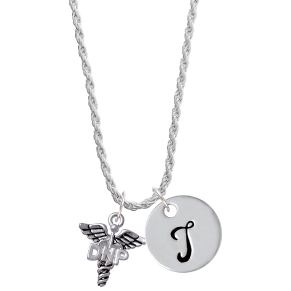 Delight Jewelry Silvertone Caduceus - DNP Silvertone Script Initial Disc - T - Charm Necklace, 20"+3"