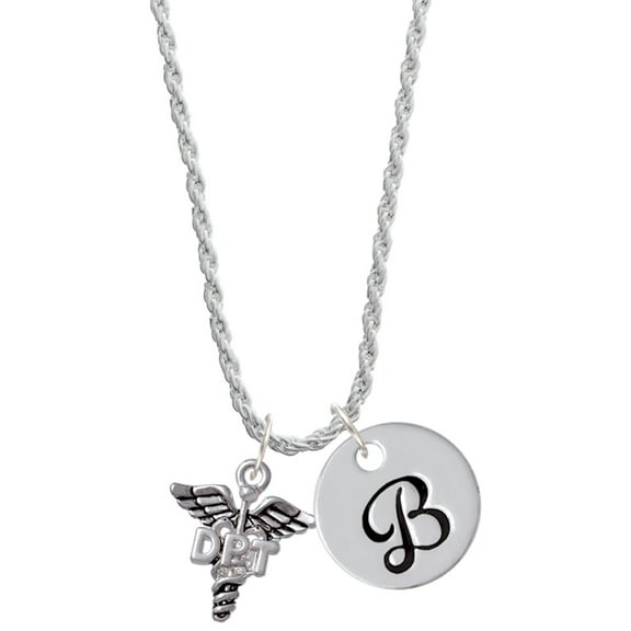 Delight Jewelry Silvertone Caduceus - DPT Silvertone Script Initial Disc - B - Charm Necklace, 20"+3"