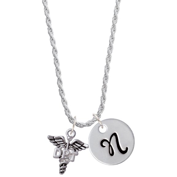 Delight Jewelry Silvertone Caduceus - DPT Silvertone Script Initial Disc - N - Charm Necklace, 20"+3"