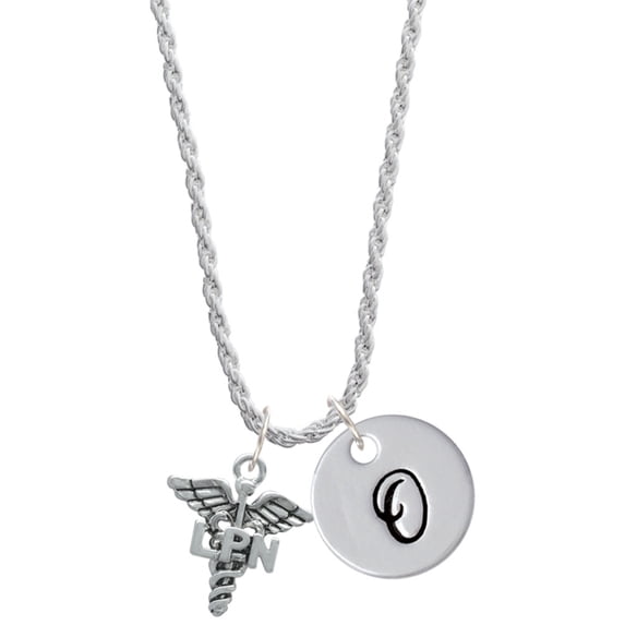 Delight Jewelry Silvertone Caduceus - LPN Silvertone Script Initial Disc - O - Charm Necklace, 20"+3"