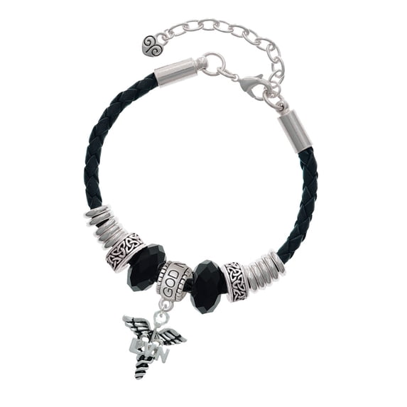 Delight Jewelry Silvertone Caduceus - LVN Godmother Celtic Knot Leather Bead Bracelet, 7"+2" Extender