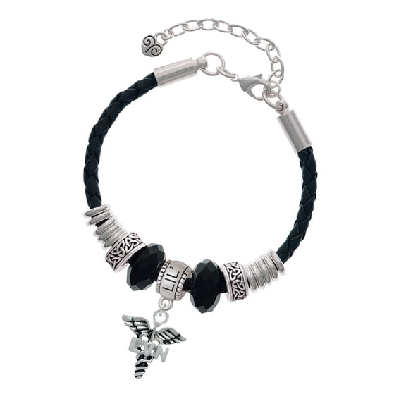 Delight Jewelry Silvertone Caduceus - LVN Sister Celtic Knot Leather Bead Bracelet, 7"+2" Extender
