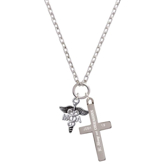 Delight Jewelry Silvertone Caduceus - MA Be Strong and Courageous Engraved Cross Zoey Necklace, 28"