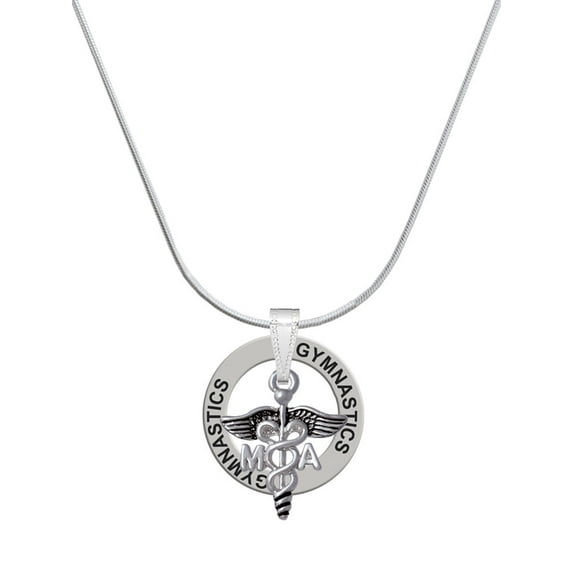 Delight Jewelry Silvertone Caduceus - MA Gymnastics Ring Charm Necklace, 18"