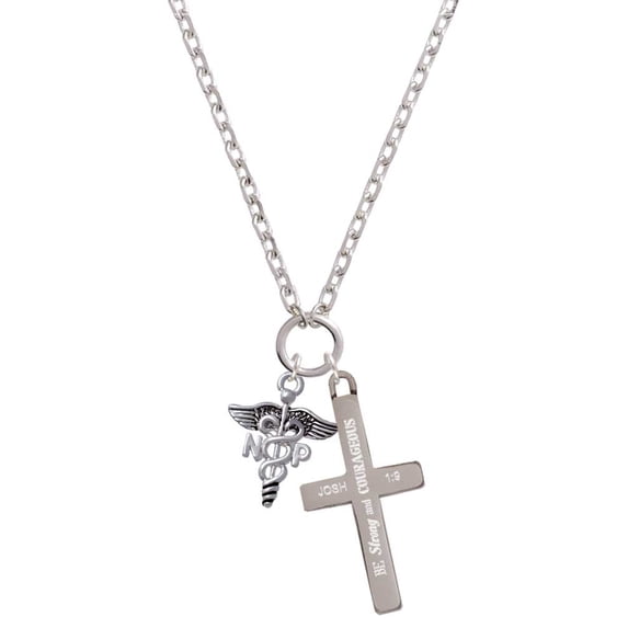 Delight Jewelry Silvertone Caduceus - NP Be Strong and Courageous Engraved Cross Zoey Necklace, 28"