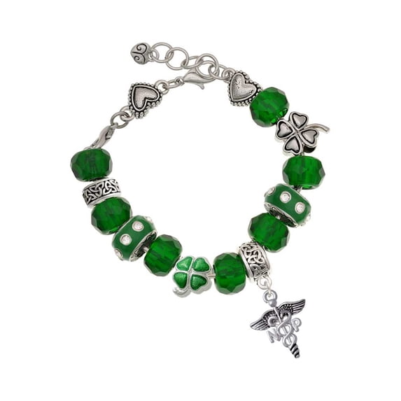 Delight Jewelry Silvertone Caduceus - NP - Green Irish Luck Bead Charm Bracelet, 7.5"