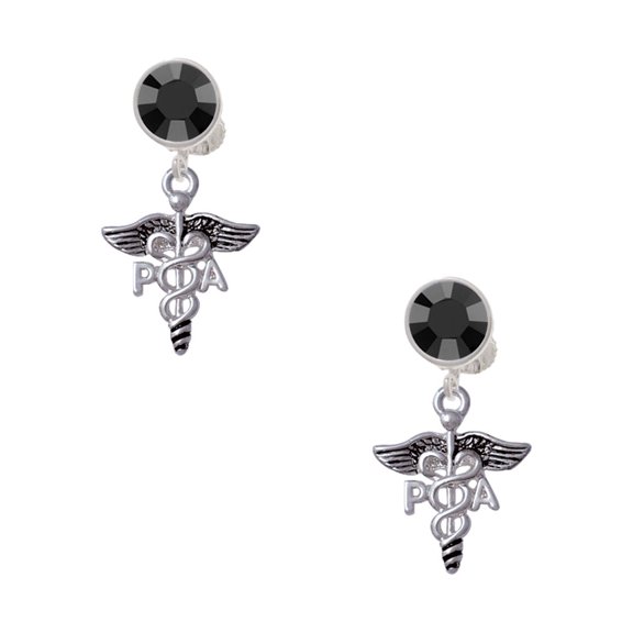 Delight Jewelry Silvertone Caduceus - PA Black Crystal Clip on Earrings