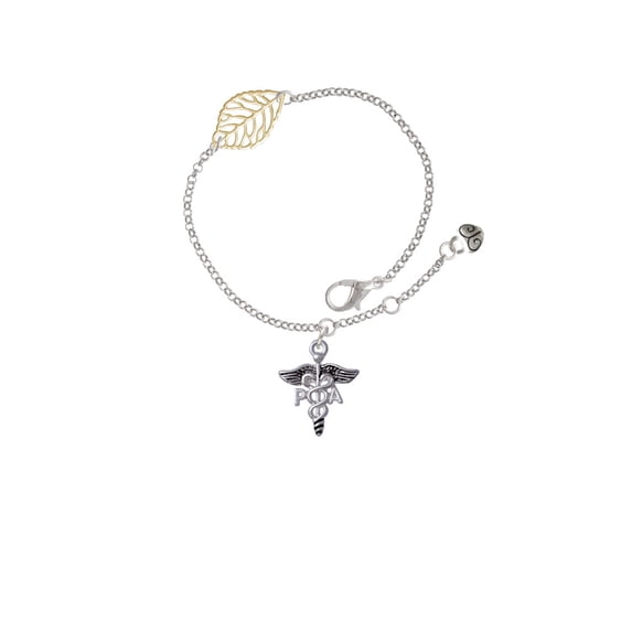 Delight Jewelry Silvertone Caduceus - PA - Goldtone Leaf Delicate Bracelet, 6.25+1.75"
