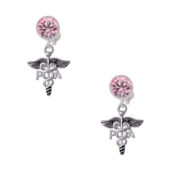 Delight Jewelry Silvertone Caduceus - PA Pink Crystal Clip on Earrings