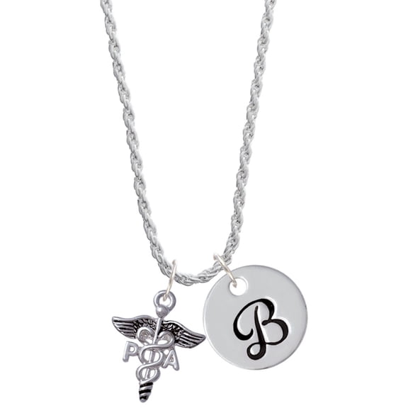 Delight Jewelry Silvertone Caduceus - PA Silvertone Script Initial Disc - B - Charm Necklace, 20"+3"