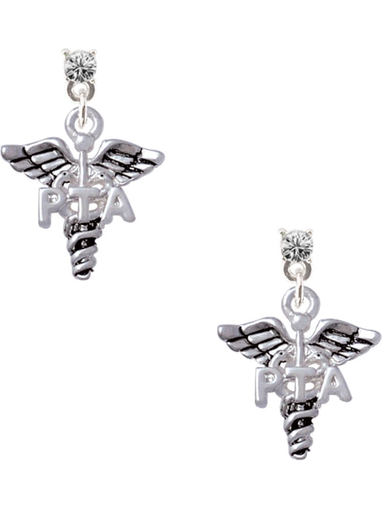 Delight Jewelry Silvertone Caduceus - PTA Clear Crystal Post Earrings