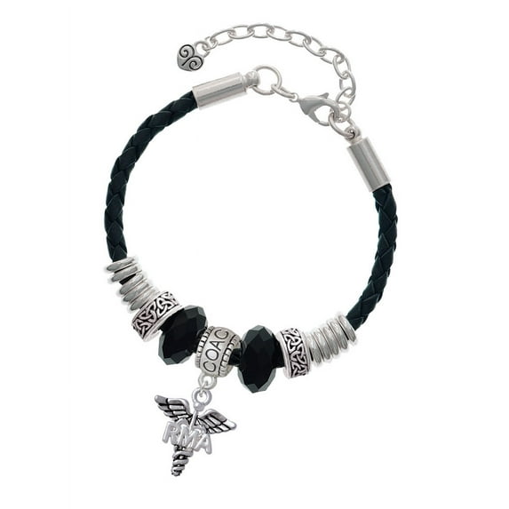 Delight Jewelry Silvertone Caduceus - RMA Coach Celtic Knot Leather Bead Bracelet, 7"+2" Extender