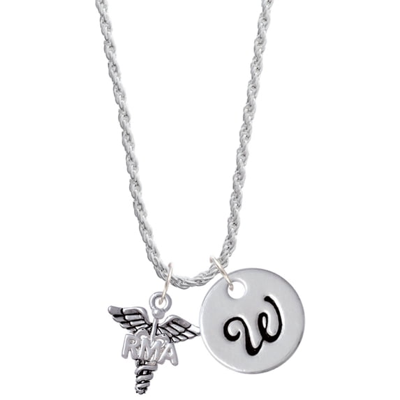 Delight Jewelry Silvertone Caduceus - RMA Silvertone Script Initial Disc - W - Charm Necklace, 20"+3"