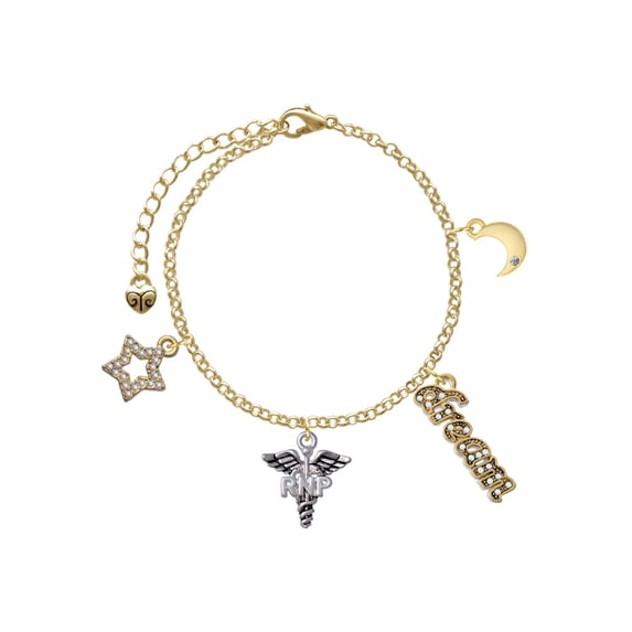 Delight Jewelry Silvertone Caduceus - RNP Goldtone Dream Big Charm Bracelet, 7.5+2" Extender