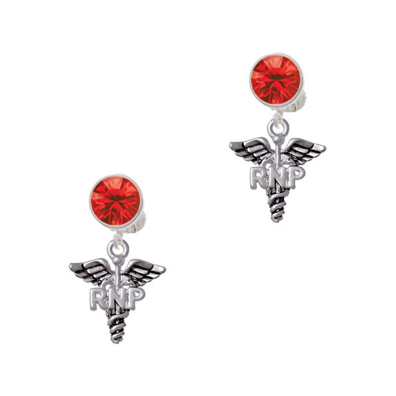 Delight Jewelry Silvertone Caduceus - RNP Red Crystal Clip on Earrings