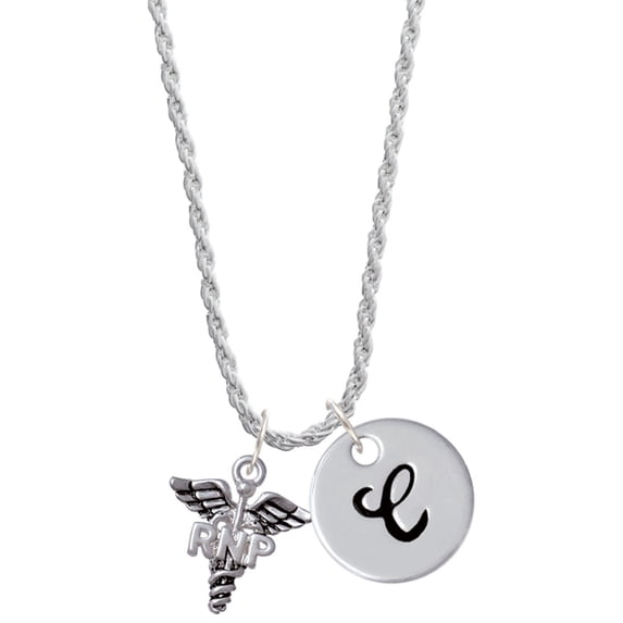 Delight Jewelry Silvertone Caduceus - RNP Silvertone Script Initial Disc - C - Charm Necklace, 20"+3"