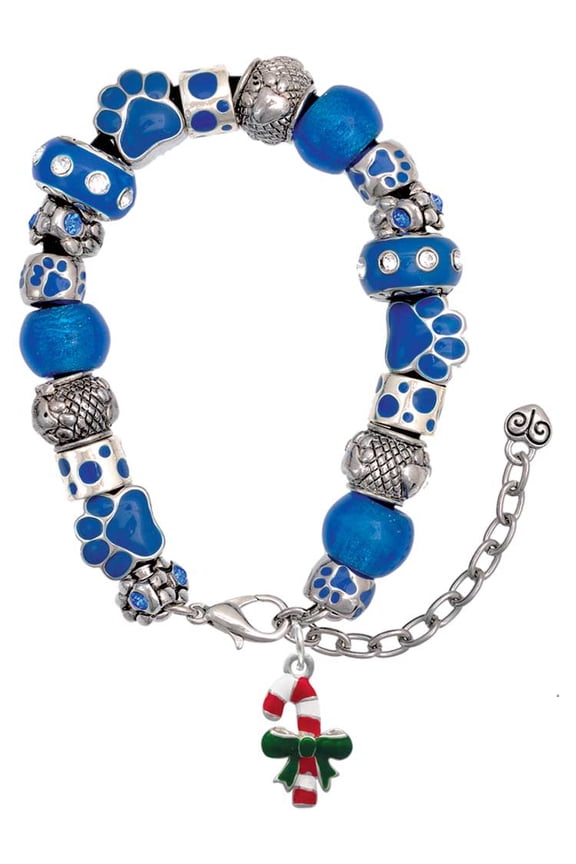 Silvertone Candy Cane with Green Bow Blue Paw Print Bead Bracelet, 7"+2"