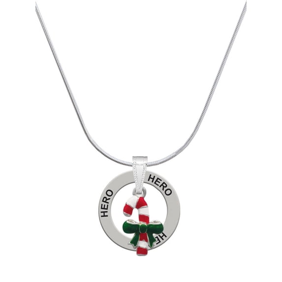 Delight Jewelry Silvertone Candy Cane with Green Bow Hero Ring Charm Necklace, 18"