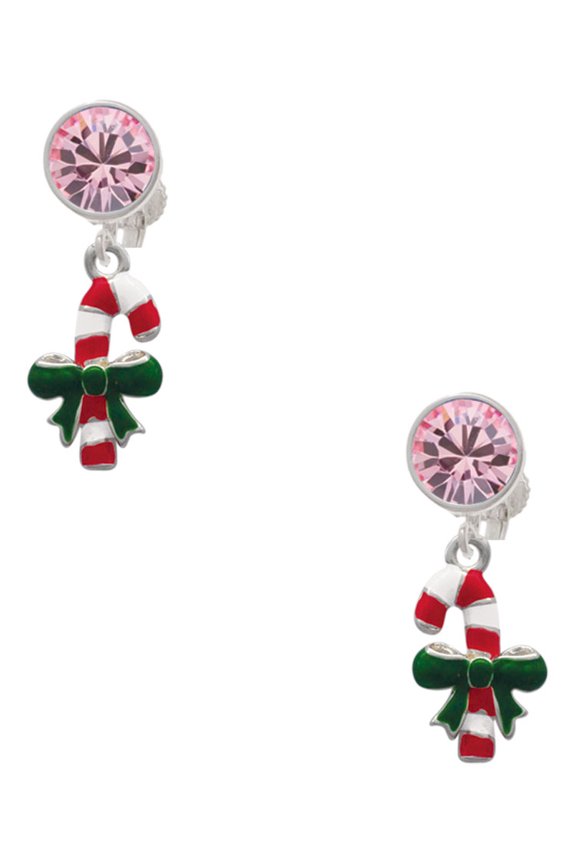 Silvertone Candy Cane with Green Bow Pink Crystal Clip on Earrings