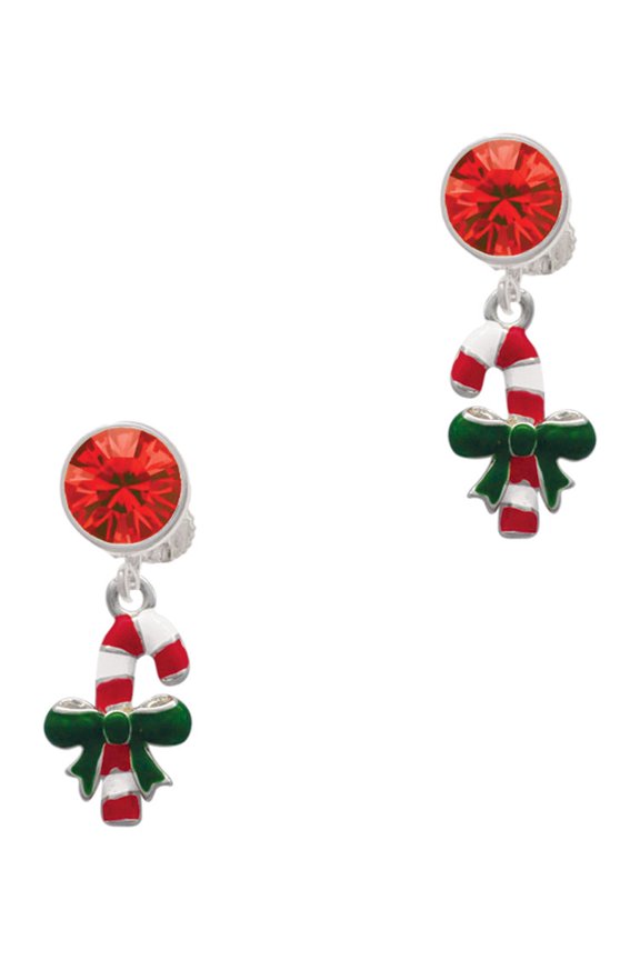 Silvertone Candy Cane with Green Bow Red Crystal Clip on Earrings