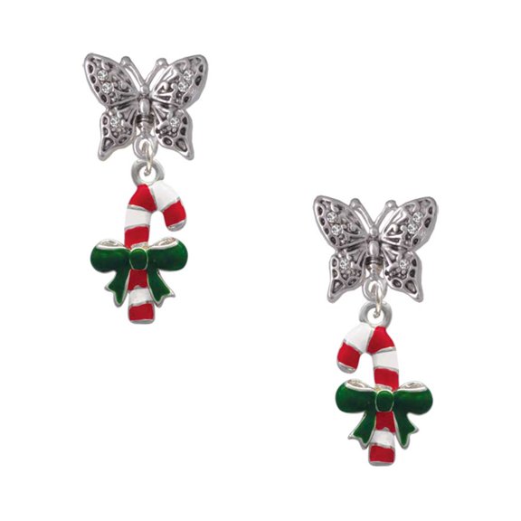 Delight Jewelry Silvertone Candy Cane with Green Bow Silvertone Antiqued Butterfly Post Earrings