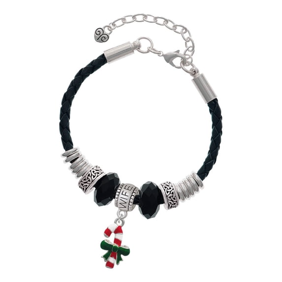 Delight Jewelry Silvertone Candy Cane with Green Bow Wife Celtic Knot Leather Bead Bracelet, 7"+2" Extender