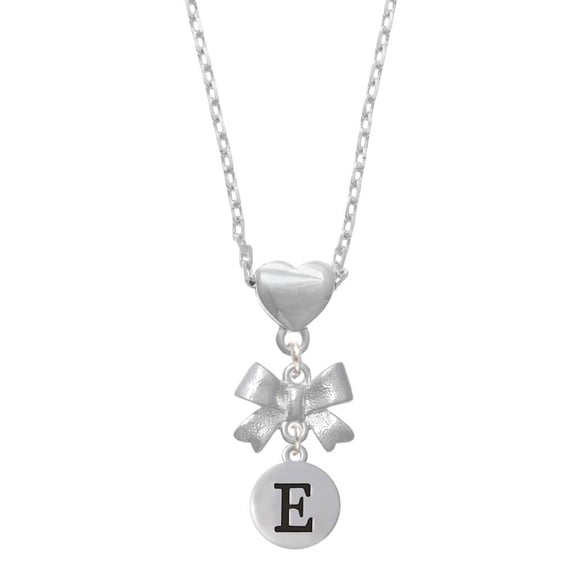 Delight Jewelry Silvertone Capital Letter - E - Pebble Disc - Silver tone Bow Heart Necklace