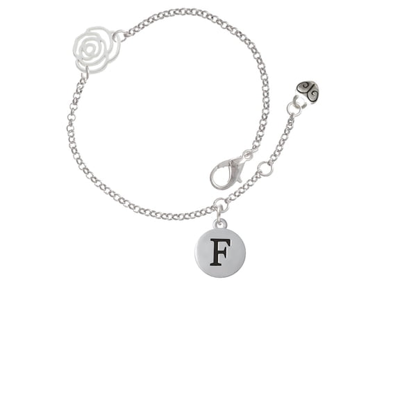 Delight Jewelry Silvertone Capital Letter - F - Pebble Disc - Silver-tone Rose Link Chain Bracelet, 6.25"+1.75" Extender