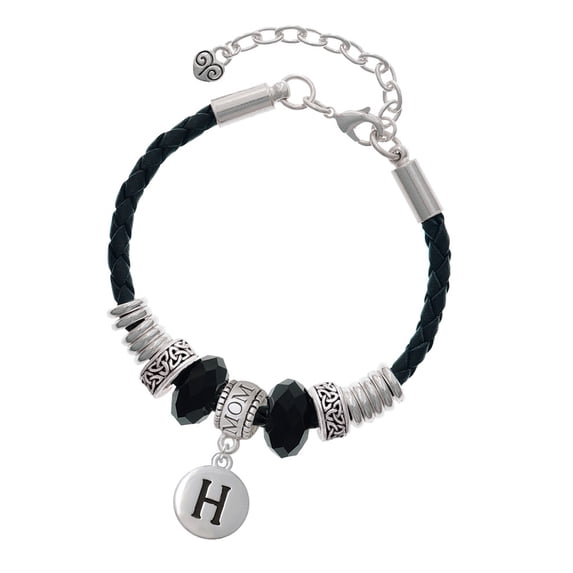 Delight Jewelry Silvertone Capital Letter - H - Pebble Disc - Mom Celtic Knot Leather Bead Bracelet, 7"+2" Extender